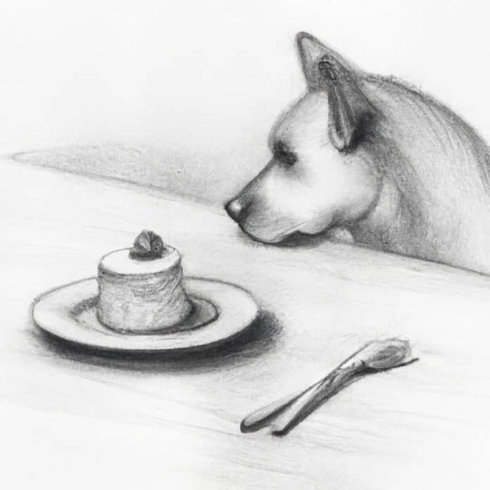 Dog staring at an empty cake plate.