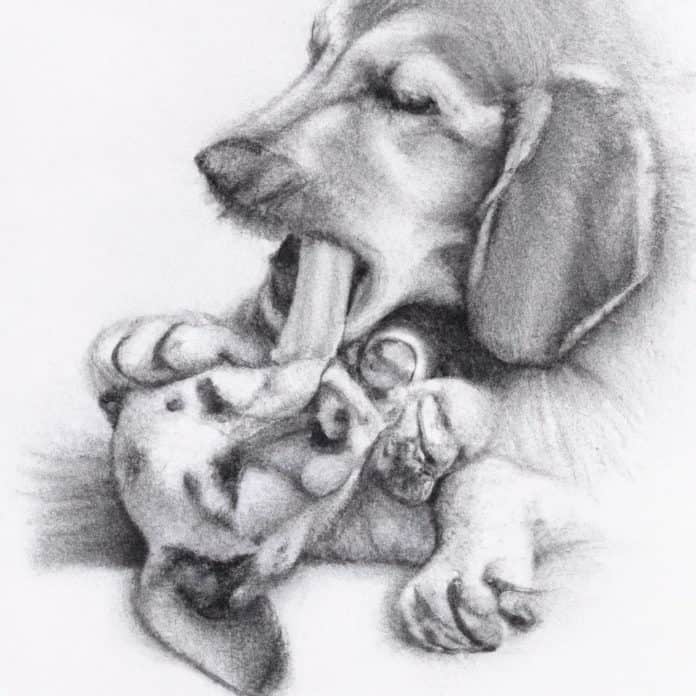 Puppy playfully nibbling on an older dog's ears and feet.