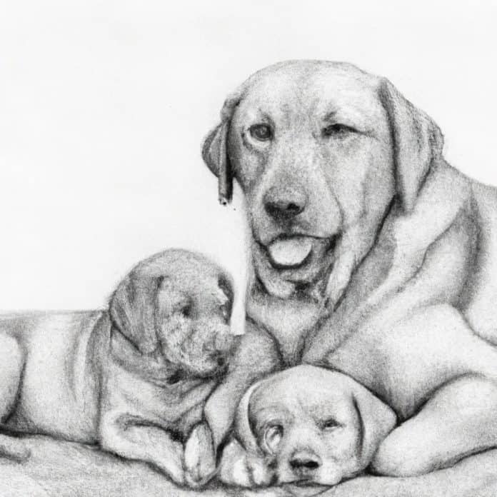 Labrador parents with their puppies in a loving environment.