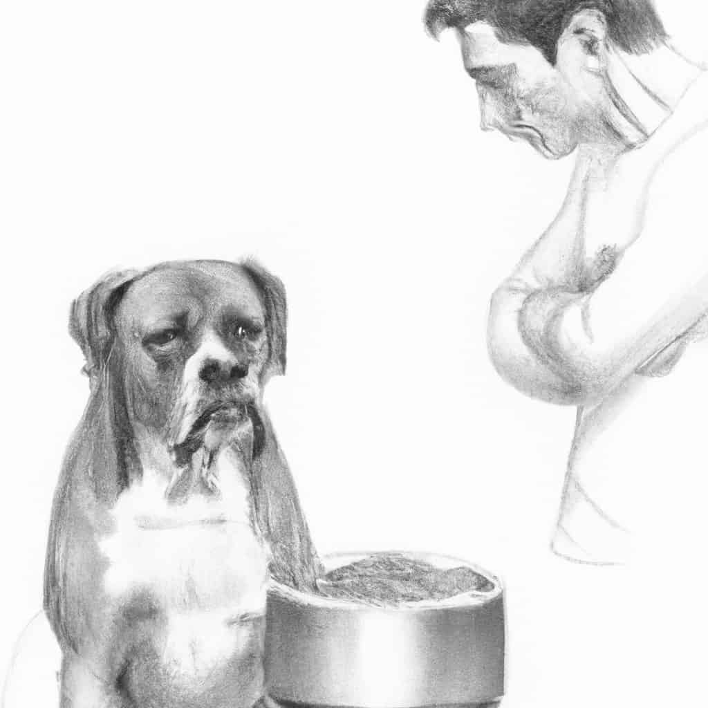 Boxer looking at a bowl of high-fiber food.