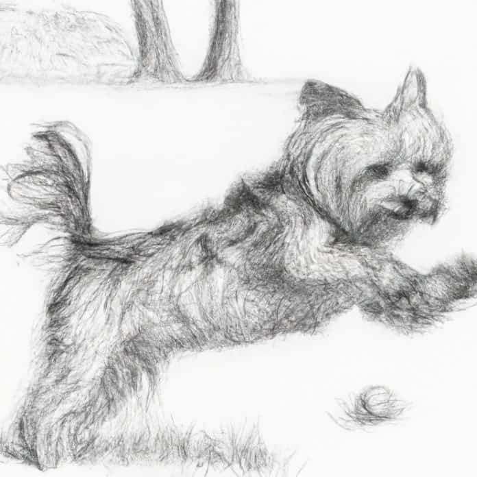 Yorkie playing happily in the park.