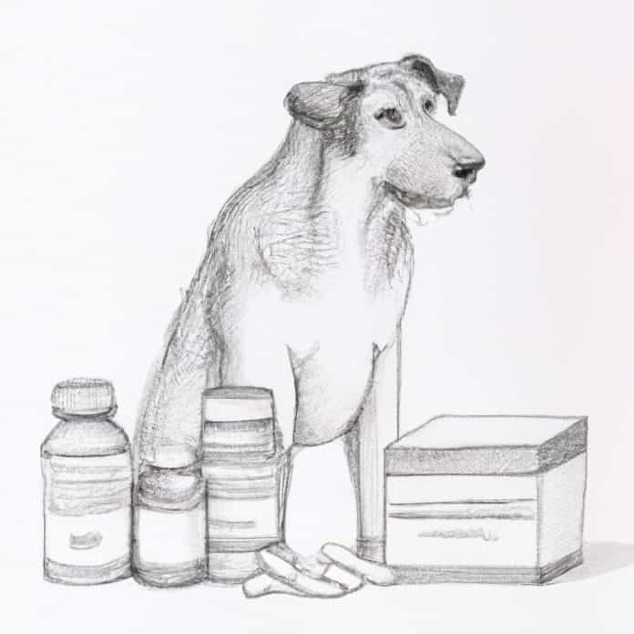 dog with a healthy coat surrounded by medication boxes.