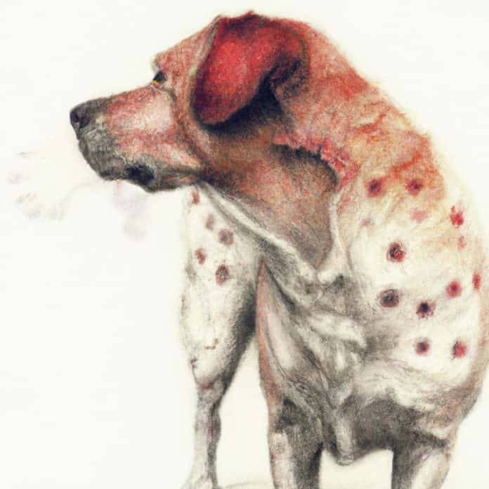 Dog looking curiously at its skin with red spots and fur loss.
