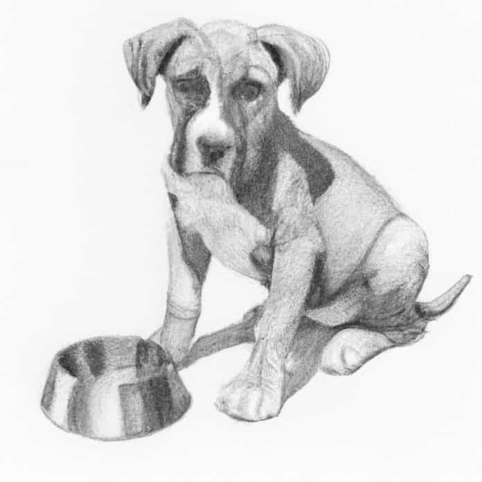 10-week-old Boxer Pit Mix puppy with a food bowl.