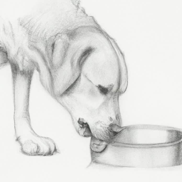 Labrador mix drinking water from a bowl.