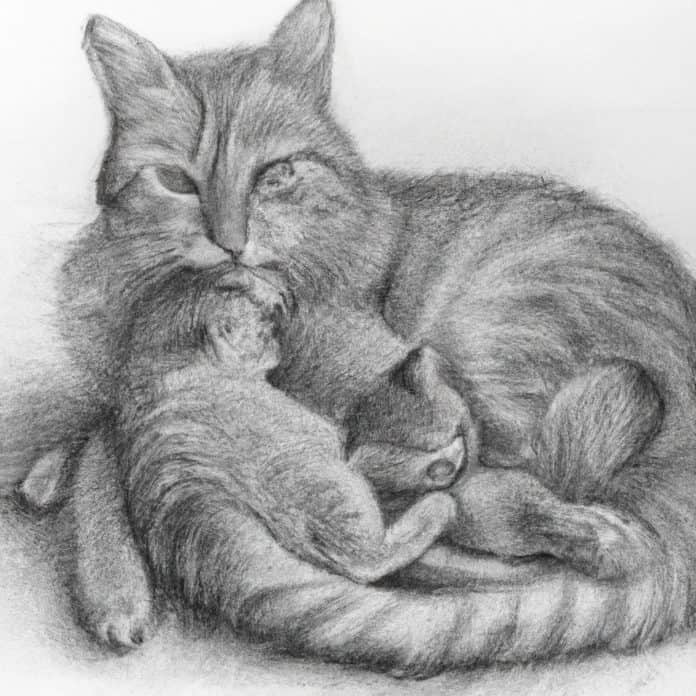 Mother cat nursing her kittens.