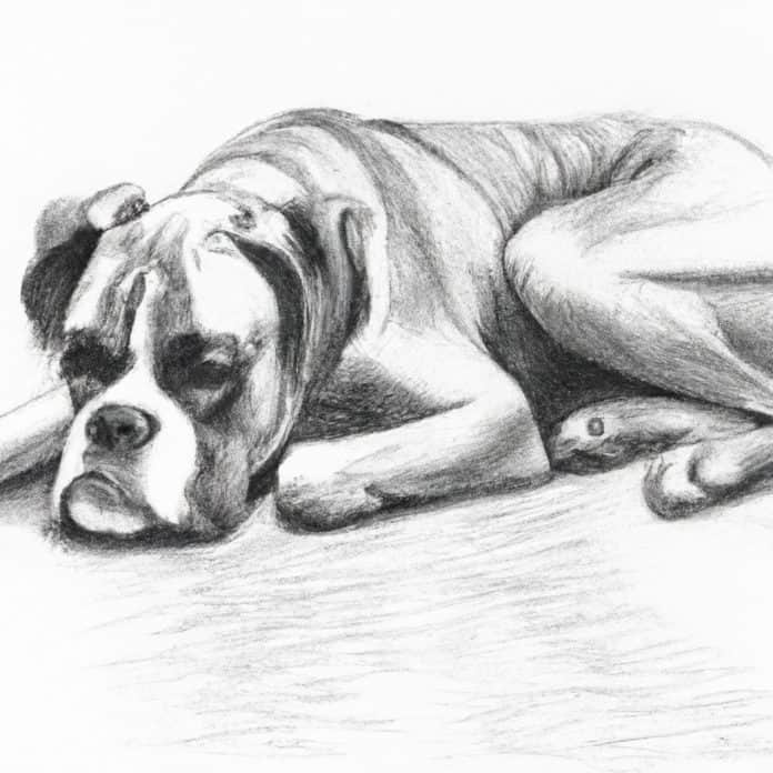 Boxer dog looking sad and resting on the floor.