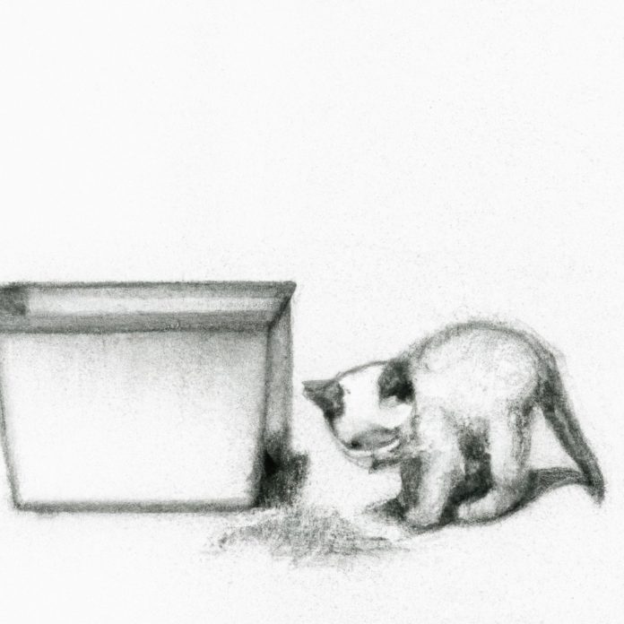 Kitten playing near a litter box.
