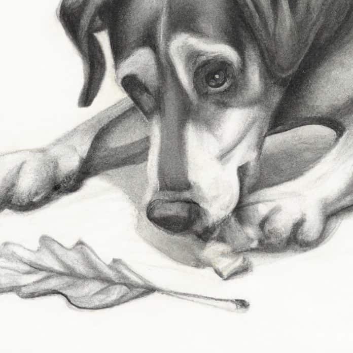 dog examining a fallen leaf with curiosity.