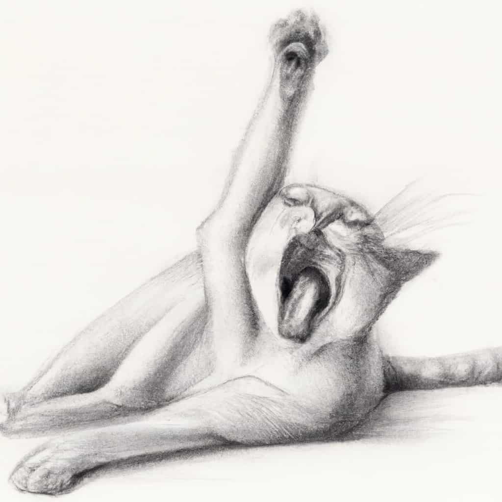 Cat stretching and yawning at night.