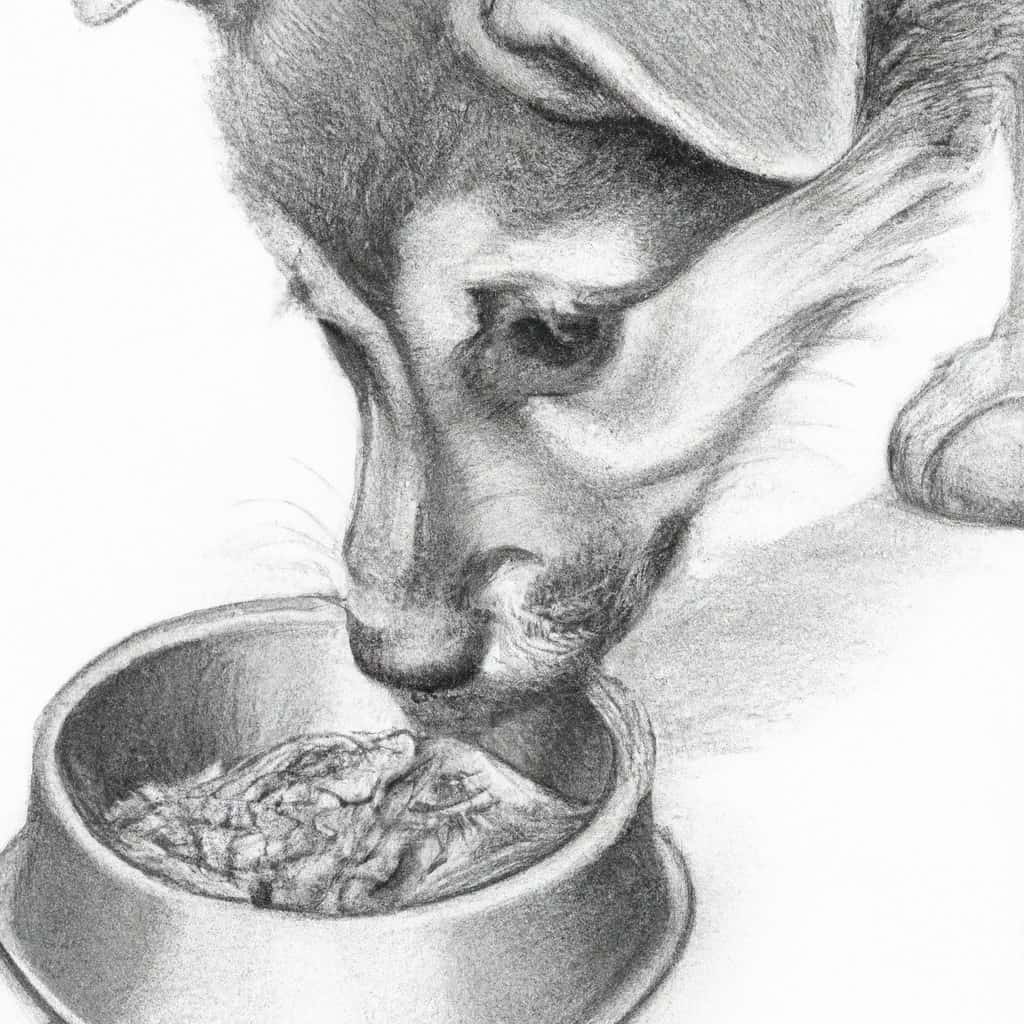 puppy curiously sniffing a bowl of cat food