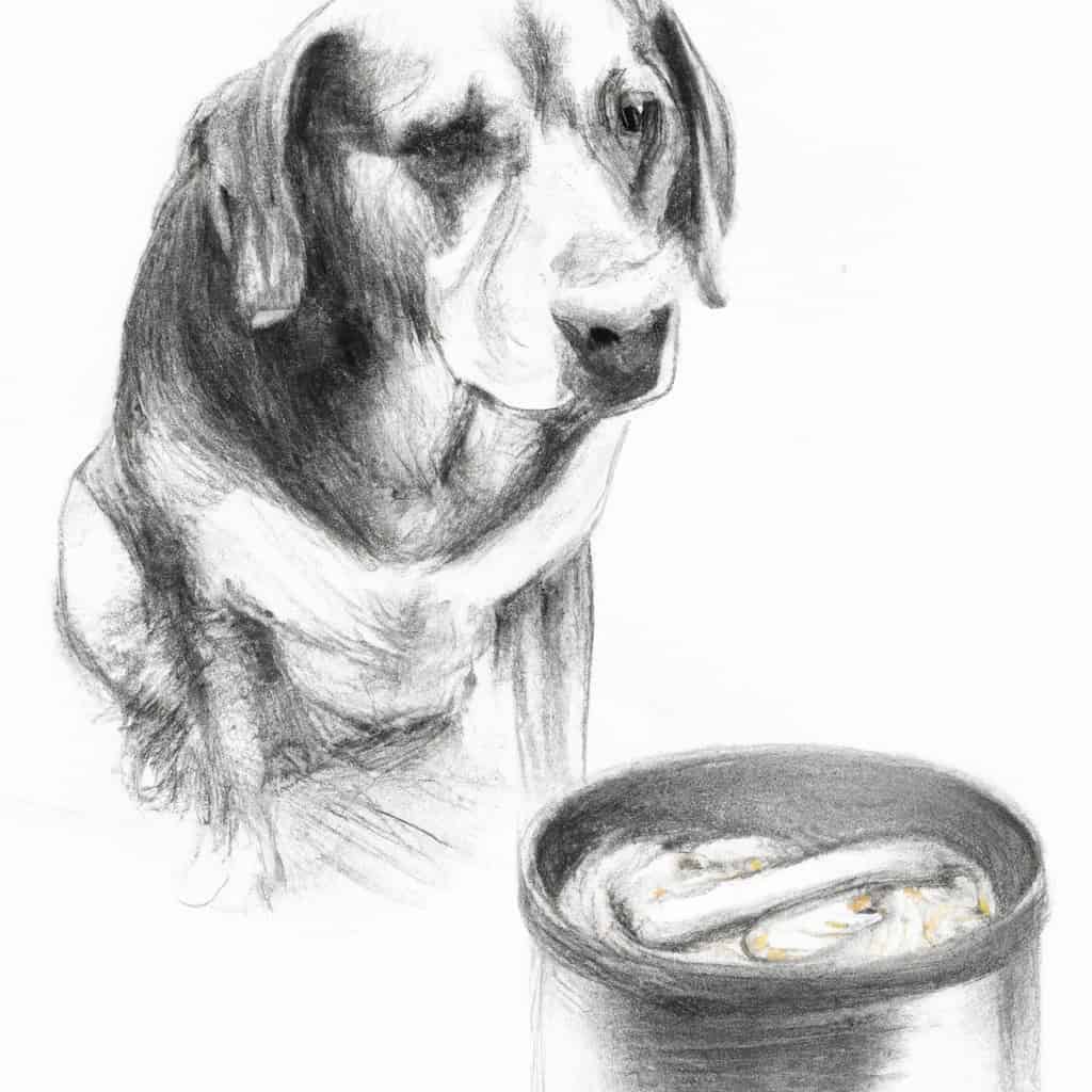 Dog looking uncomfortable with a bowl of canned dog food nearby