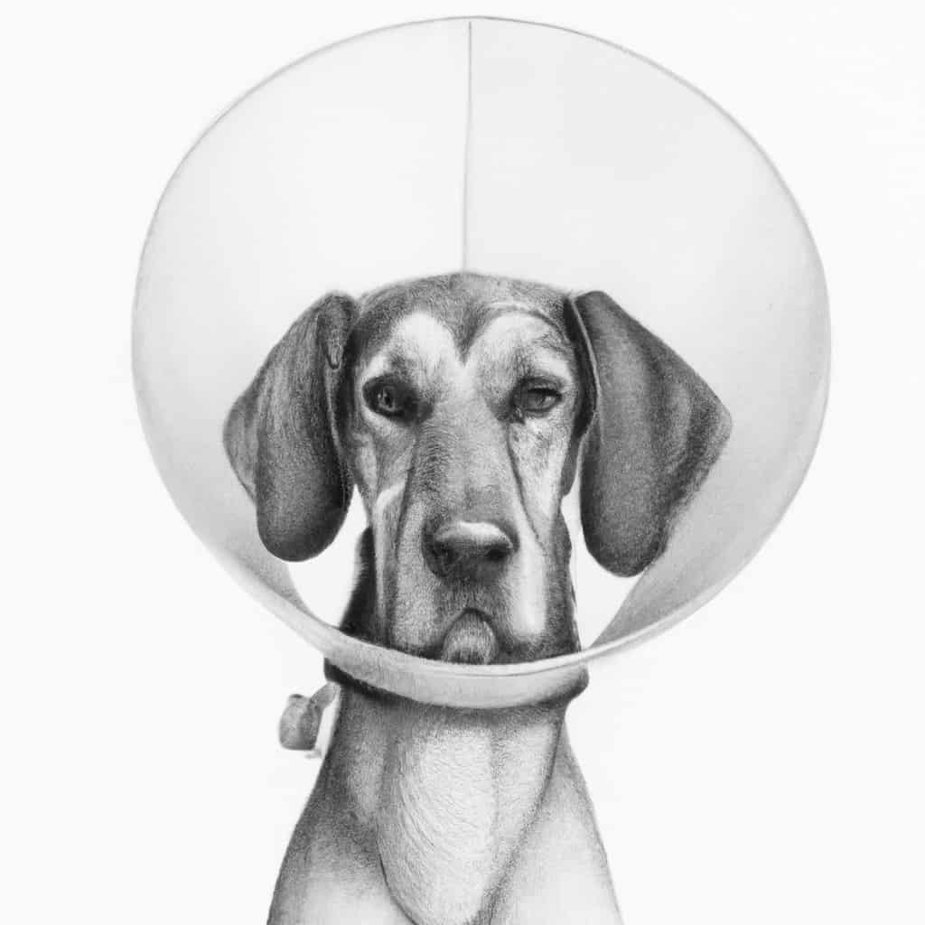 Dog wearing a protective cone around its neck.