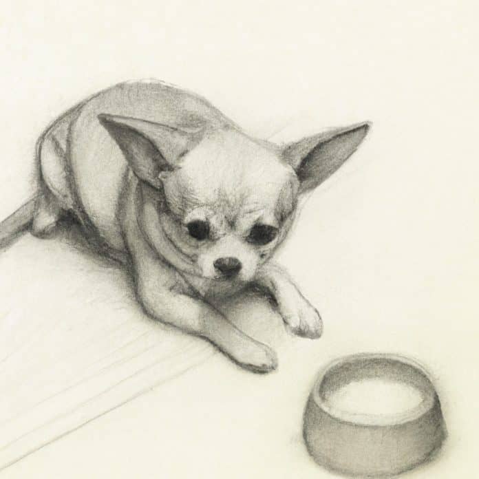 Teacup Chihuahua looking restless near a water bowl.