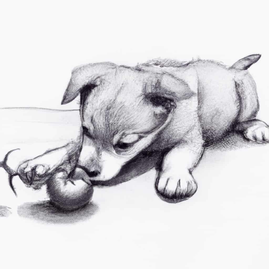 puppy happily playing with a cherry tomato