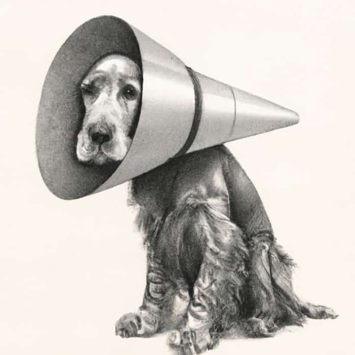 concerned dog wearing a protective cone