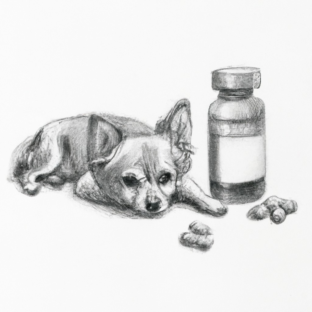 Small dog lying next to a bottle of acetaminophen.