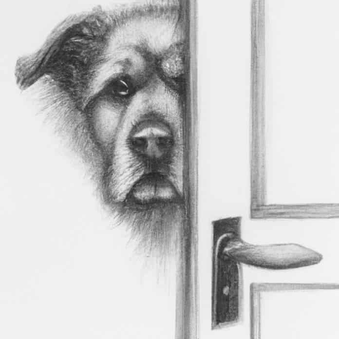 dog peeking through a semi-closed door.
