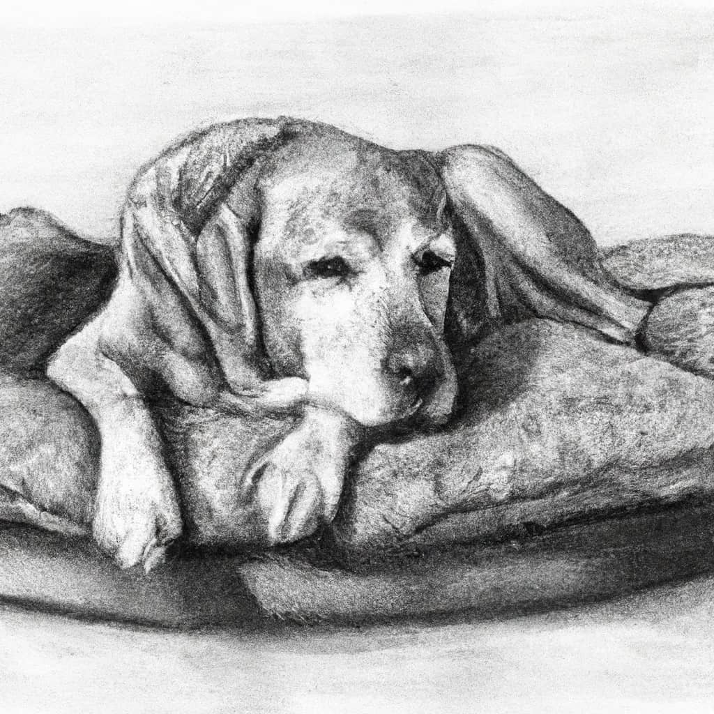 elderly Labrador resting comfortably on a cushion.