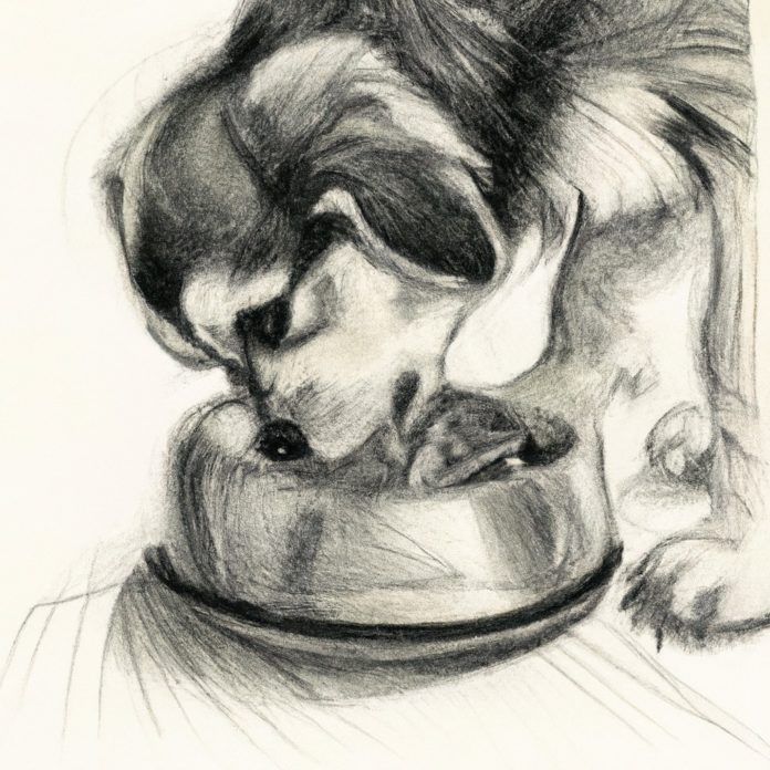 1-year-old pet eagerly eating from a food bowl.