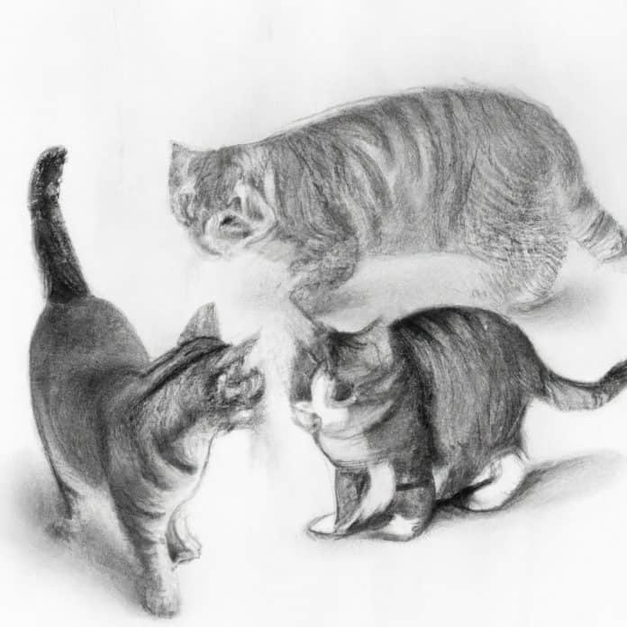 Female kitten cautiously approaching two adult male cats.
