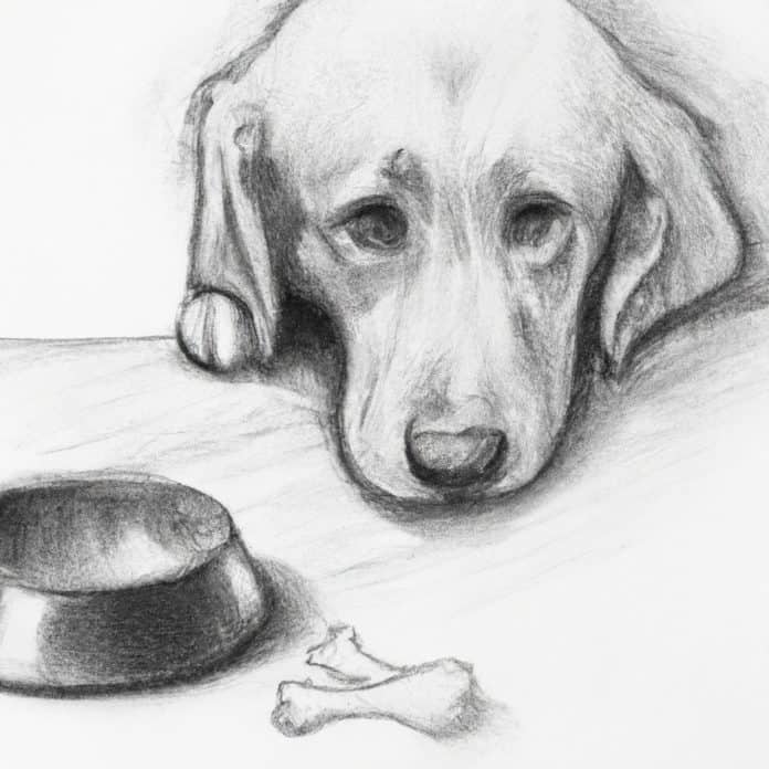 puppy looking sad next to a bowl of chicken