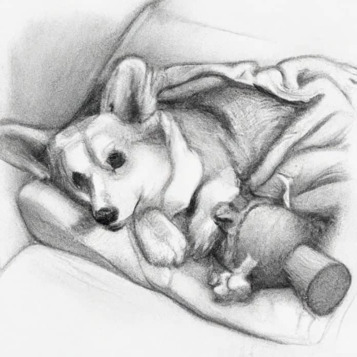 Corgi puppy lying in a cozy bed with a soft toy for comfort.