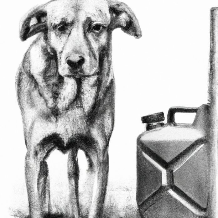 concerned dog near a gas can