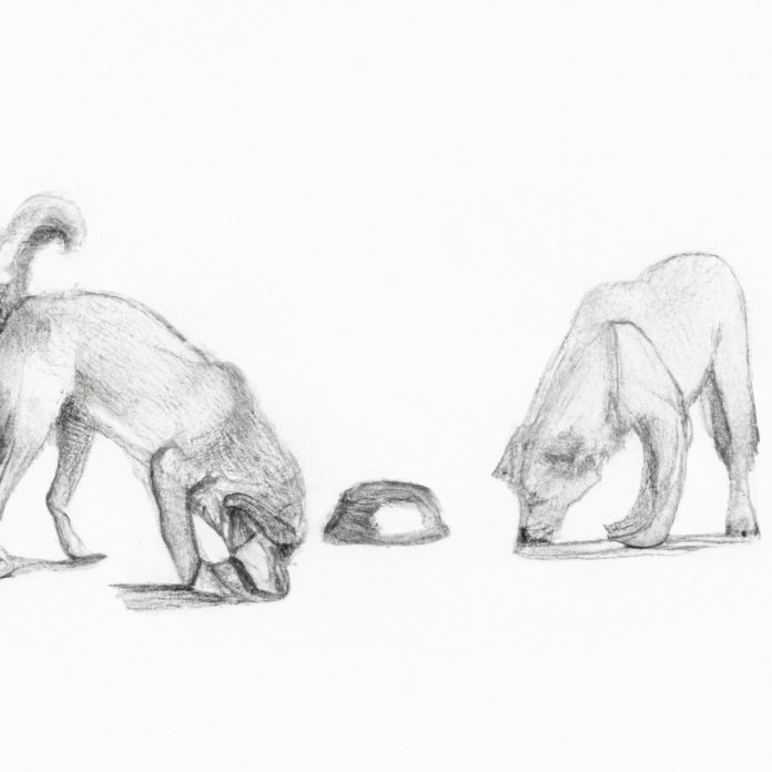 Two dogs eating from separate bowls at a distance.
