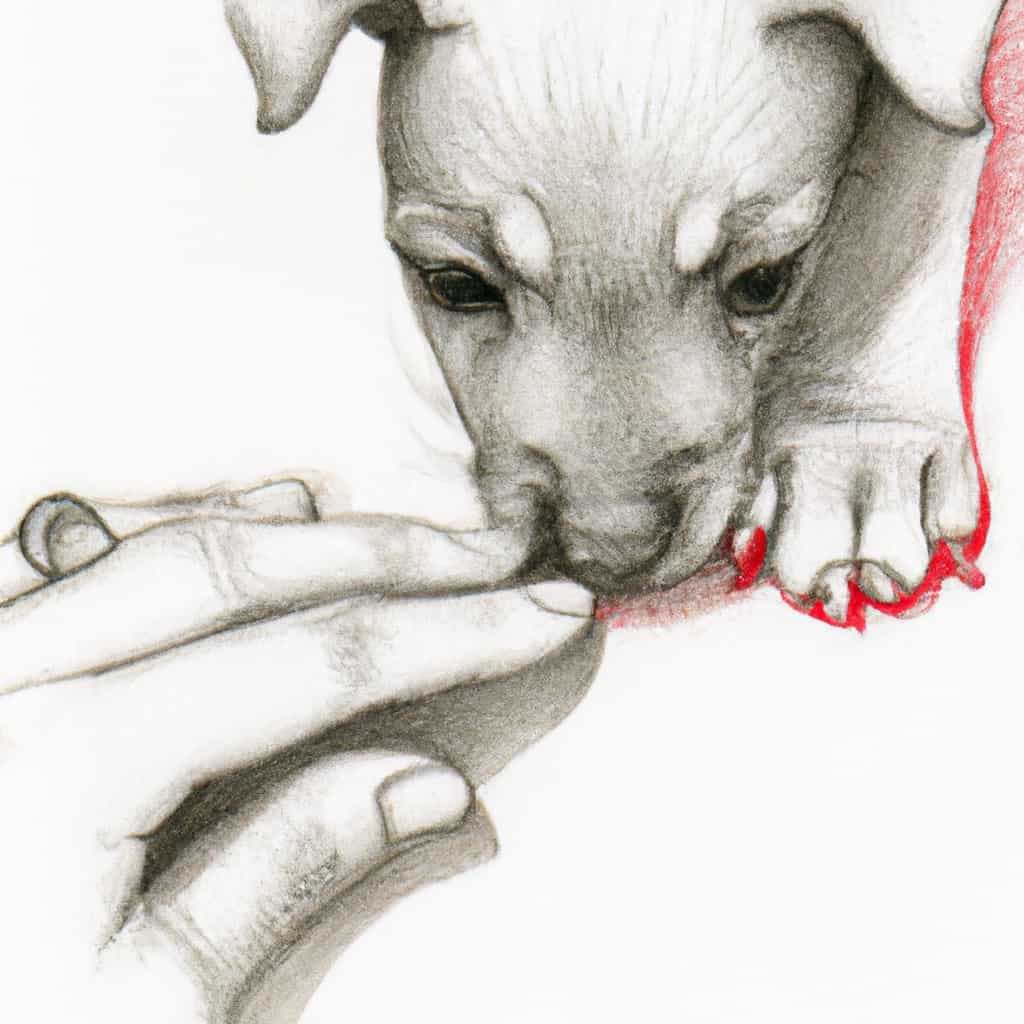 puppy examining its red ring on the skin