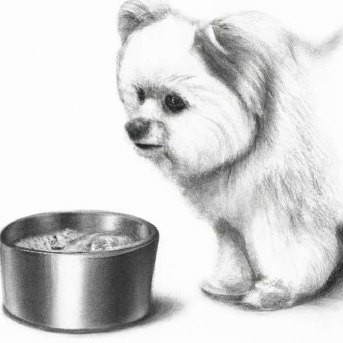Maltipom puppy looking at a bowl of canned dog food.