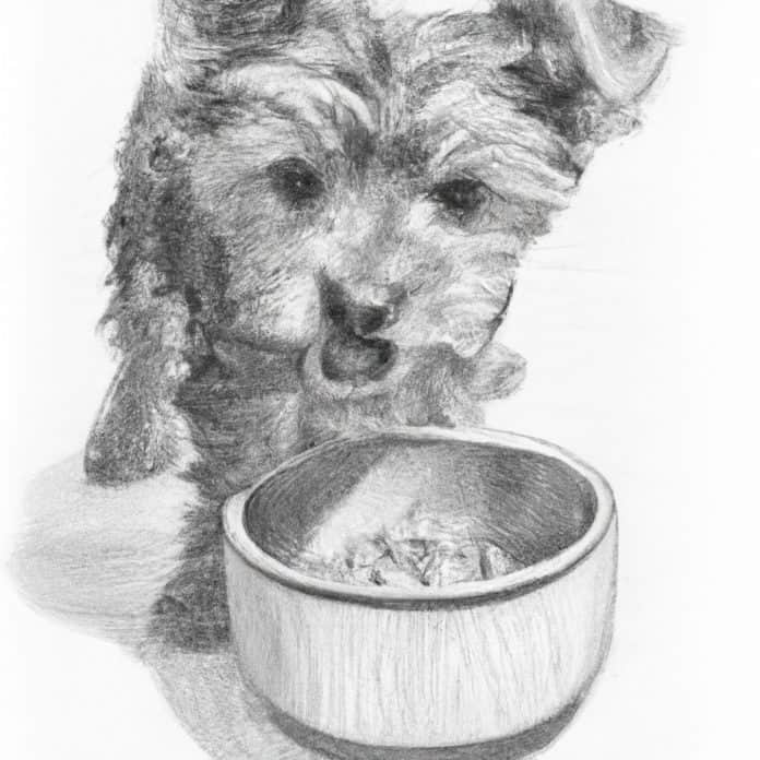 Yorkie puppy happily eating from a bowl.