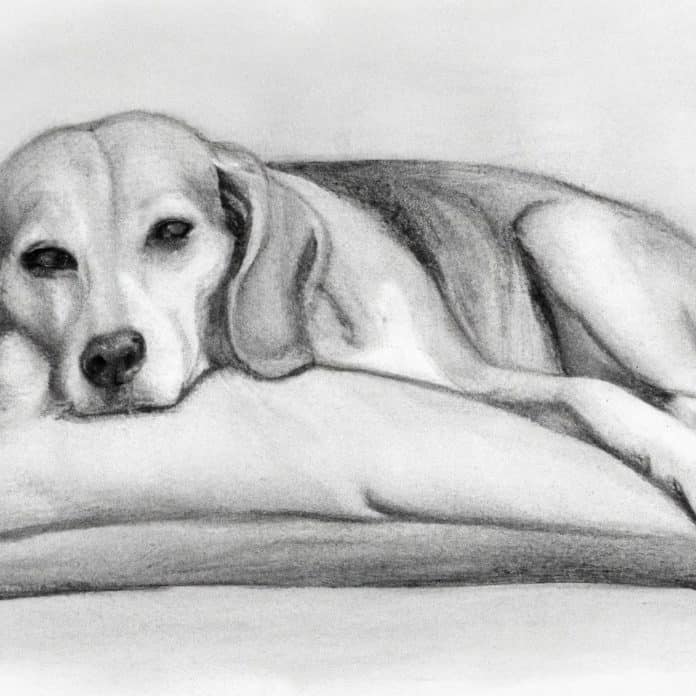 Beagle mix lying on a soft cushion with a comforting expression.