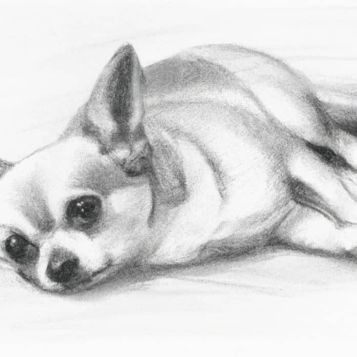 Chihuahua lying down with a concerned expression.