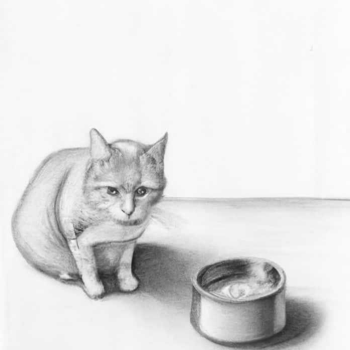 concerned cat sitting near food bowl