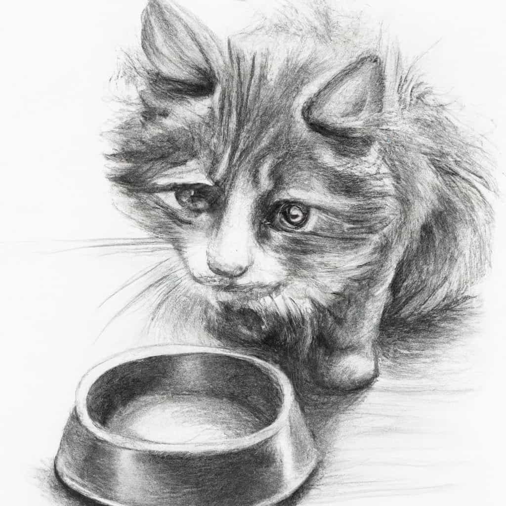 kitten with an empty food bowl looking sad
