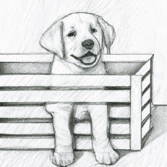 Labrador puppy happily sitting inside a crate