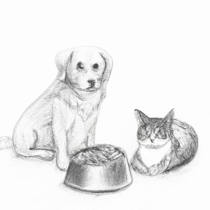 A cat and a dog sitting together with a healthy food bowl.
