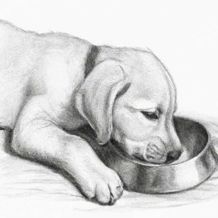 Lab puppy happily eating from a bowl.