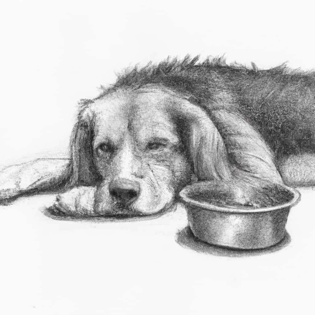 Dog looking tired and resting near a water bowl.