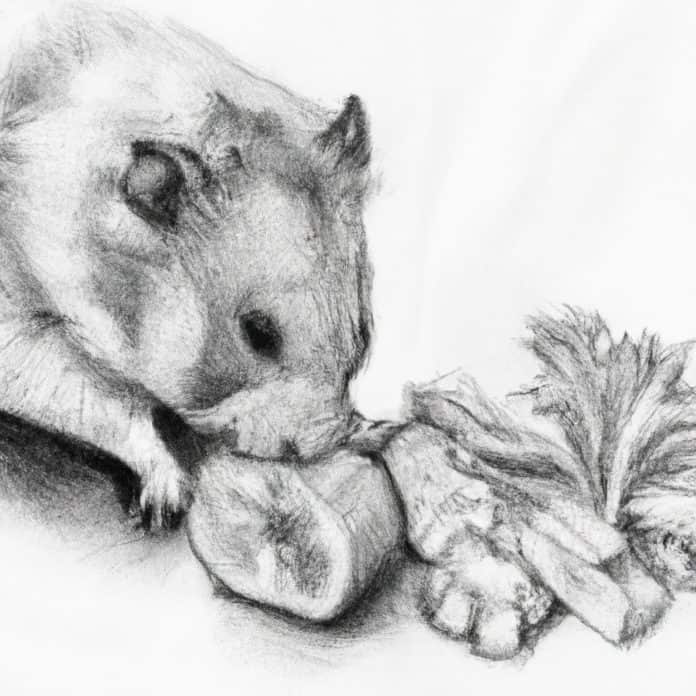 Syrian hamster nibbling on vegetables.