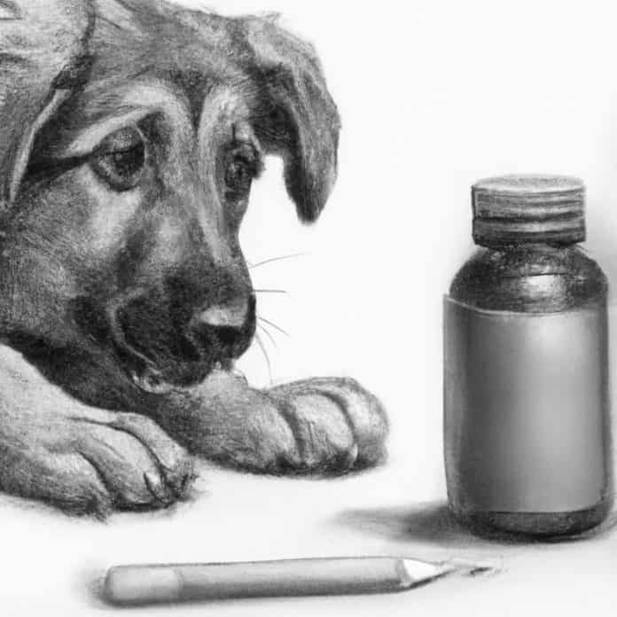 puppy looking curiously at a medicine bottle