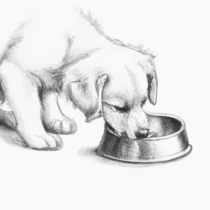 Puppy happily eating from a bowl.