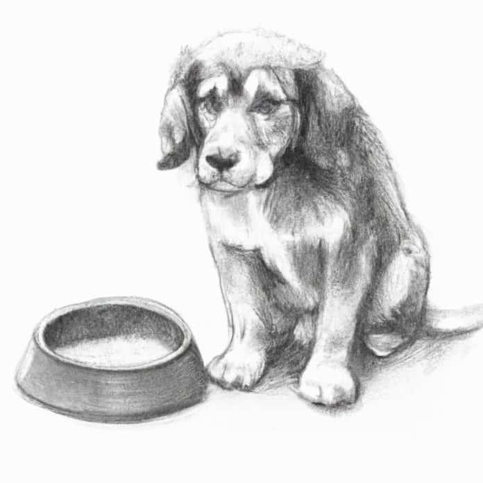 concerned puppy sitting with a full food bowl