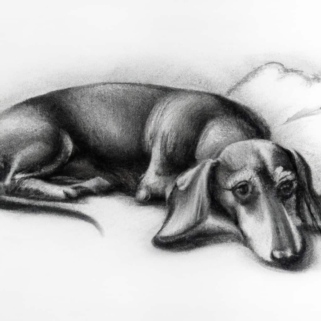 A concerned Dachshund resting on a soft surface.