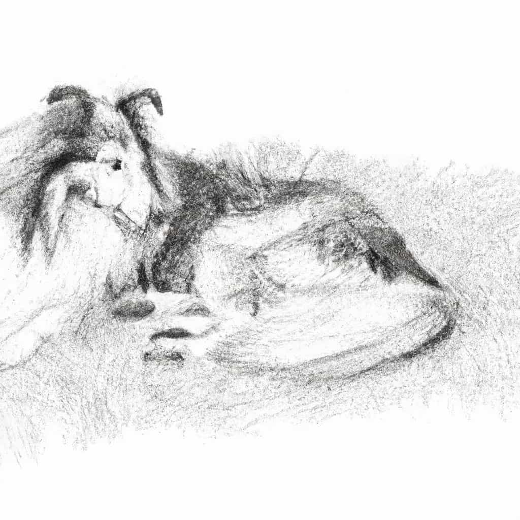 An elderly Collie laying down gently on a grass field.
