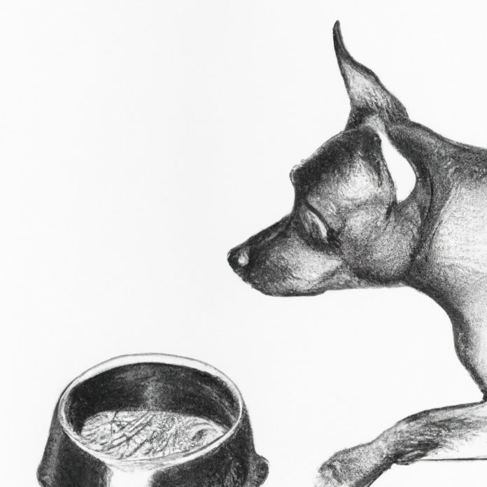 Miniature Pinscher looking at a bowl of dog food.