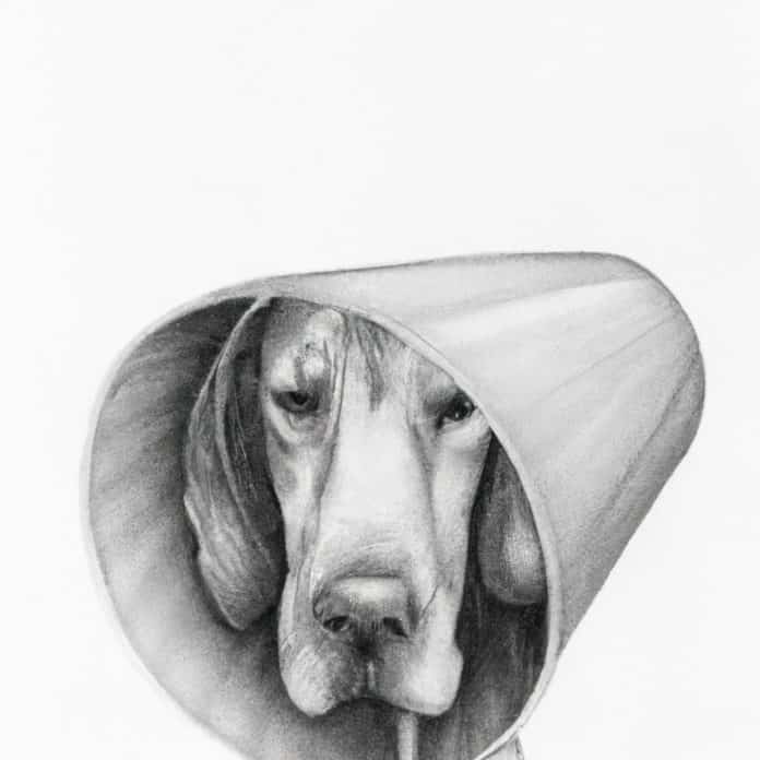 dog wearing a protective cone around its head