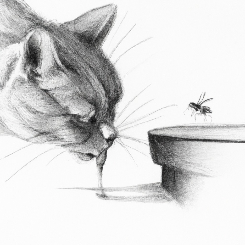 Cat drinking water near a fly.