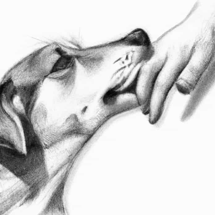 A curious dog licking its owner's hand.